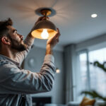 A photograph of a skilled lighting contractor expertly installing a stylish ceiling light fixture in a modern interior space