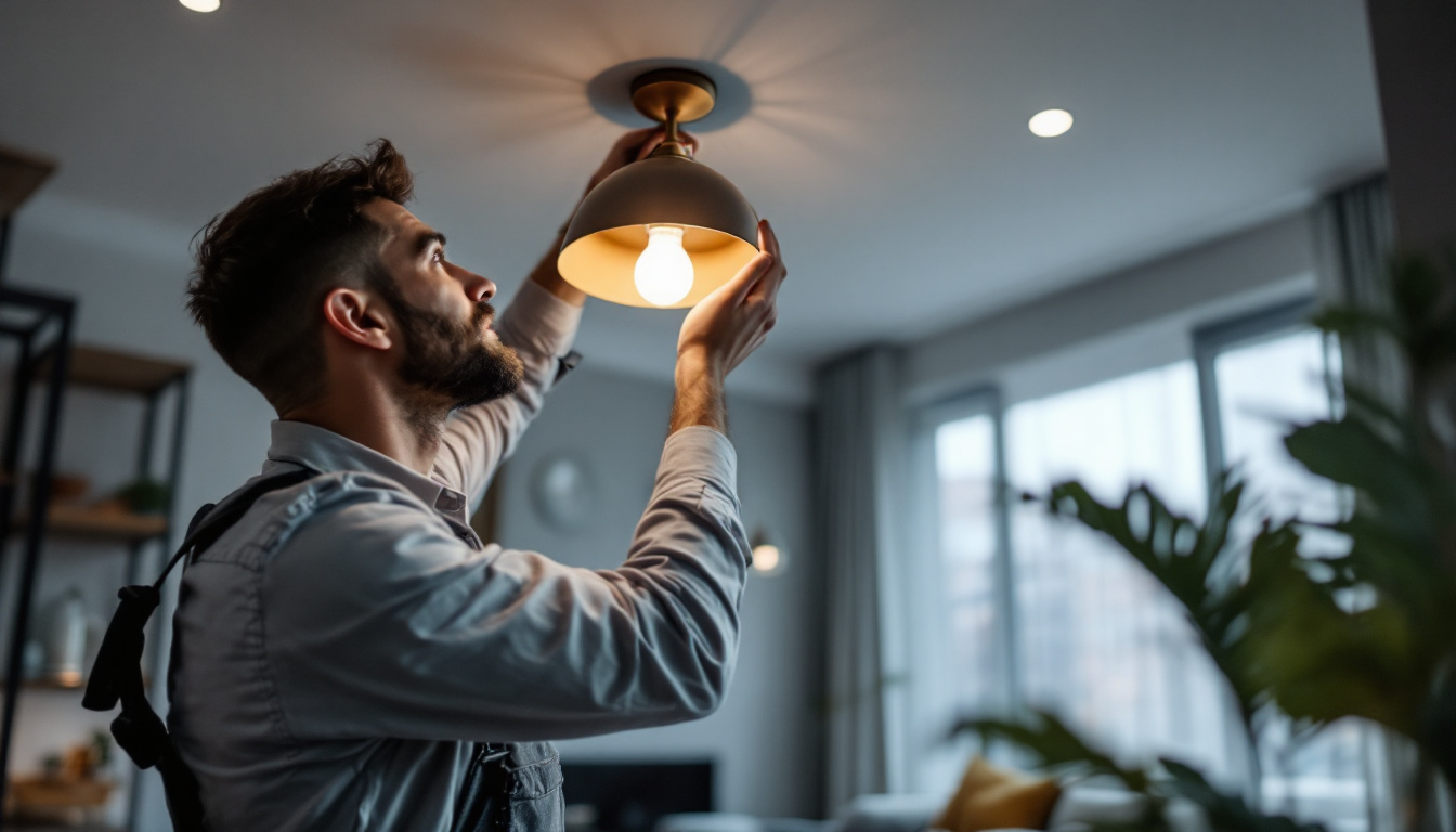 A photograph of a skilled lighting contractor expertly installing a stylish ceiling light fixture in a modern interior space