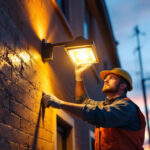 A photograph of a skilled lighting contractor installing or adjusting a wall pack light on a commercial building exterior during twilight