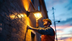 A photograph of a skilled lighting contractor installing or adjusting a wall pack light on a commercial building exterior during twilight