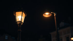 A photograph of a vintage street lamp post juxtaposed with a modern led street light