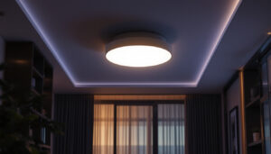A photograph of a beautifully designed led flush mount ceiling light installed in a modern interior setting