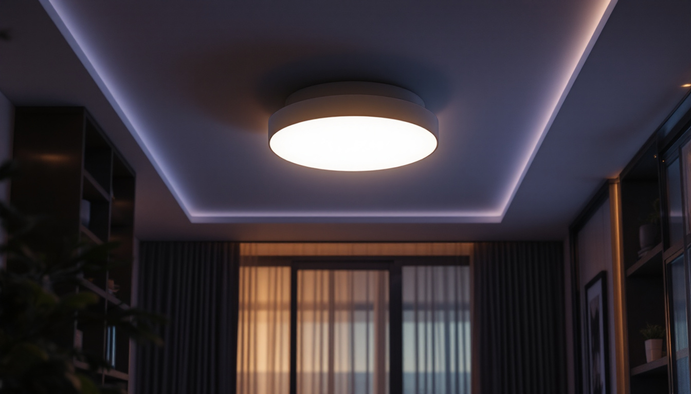 A photograph of a beautifully designed led flush mount ceiling light installed in a modern interior setting