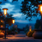 A photograph of a beautifully illuminated outdoor space featuring solar pole lights