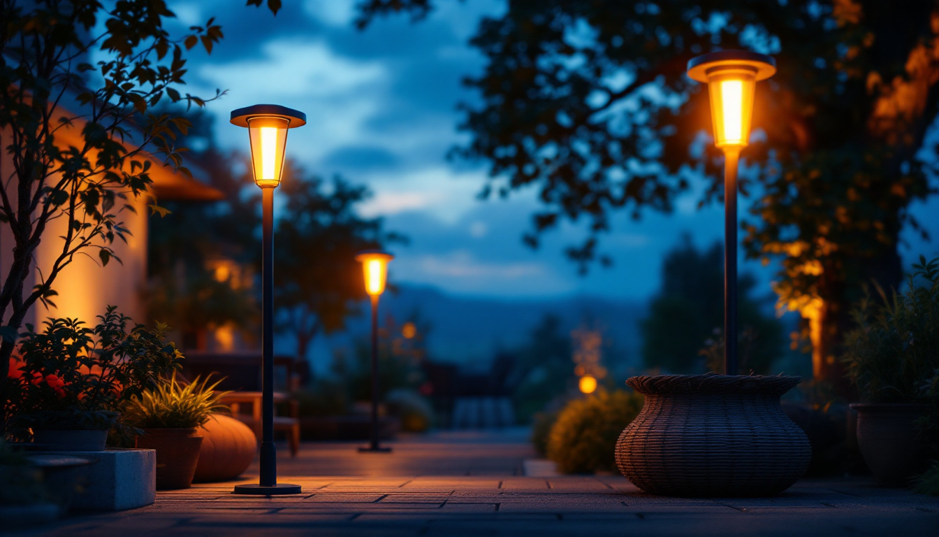 A photograph of a beautifully illuminated outdoor space featuring solar pole lights