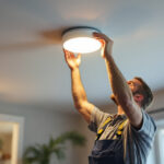 A photograph of a lighting contractor skillfully replacing an old recessed light fixture with a modern led unit in a well-lit residential setting