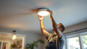 A photograph of a lighting contractor skillfully replacing an old recessed light fixture with a modern led unit in a well-lit residential setting