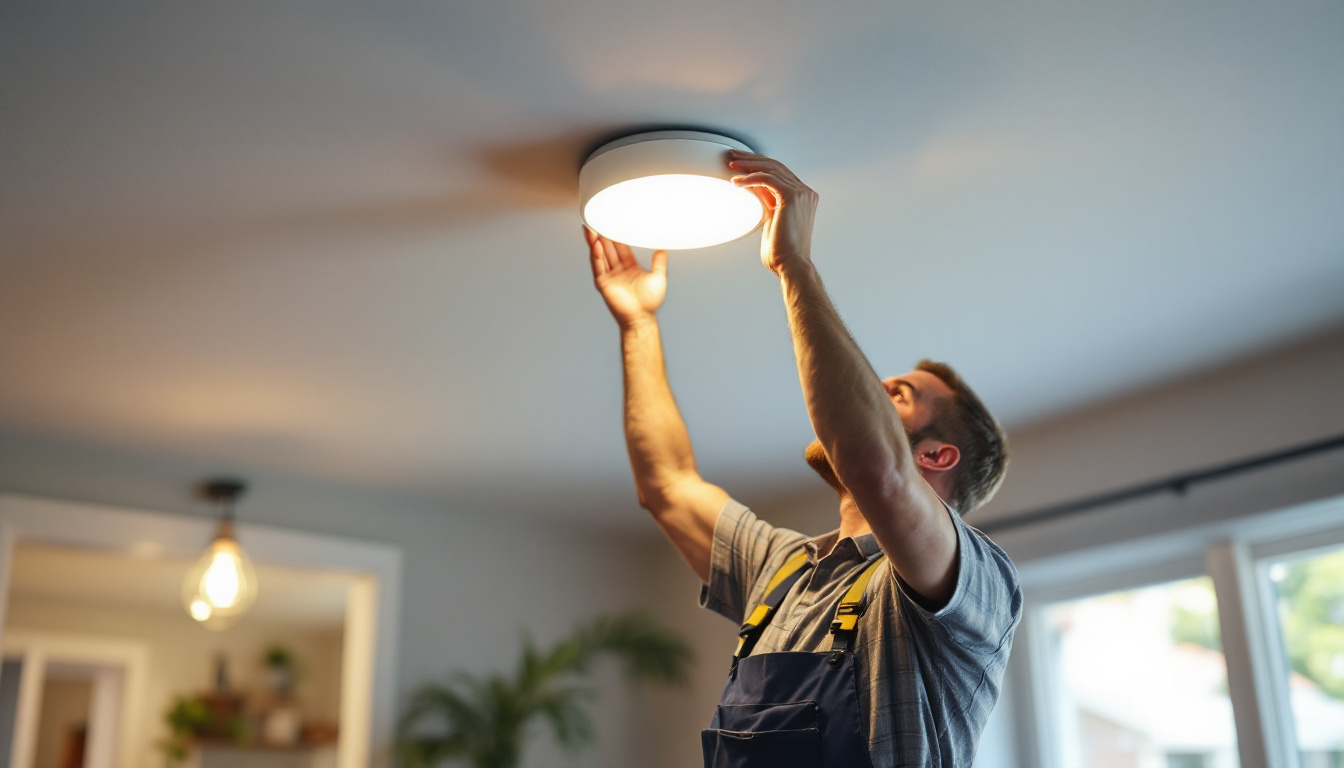 A photograph of a lighting contractor skillfully replacing an old recessed light fixture with a modern led unit in a well-lit residential setting
