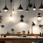 A photograph of a well-lit room showcasing a variety of stylish light fixtures
