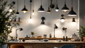 A photograph of a well-lit room showcasing a variety of stylish light fixtures