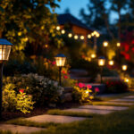 A photograph of a beautifully landscaped outdoor space illuminated by various styles of solar-powered lights at dusk