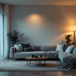 A photograph of a beautifully designed modern living space illuminated by various types of house lights