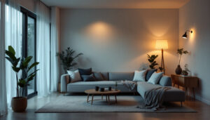 A photograph of a beautifully designed modern living space illuminated by various types of house lights