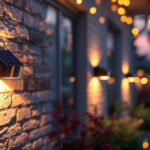 A photograph of a beautifully illuminated outdoor space featuring solar wall lights