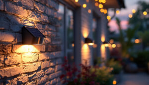 A photograph of a beautifully illuminated outdoor space featuring solar wall lights