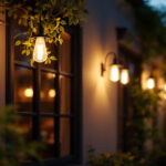 A photograph of a beautifully illuminated outdoor space featuring stylish wall-mounted light fixtures