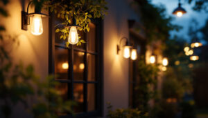 A photograph of a beautifully illuminated outdoor space featuring stylish wall-mounted light fixtures