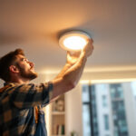 A photograph of a skilled lighting contractor installing a recessed downlight fixture in a modern home setting