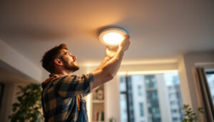 A photograph of a skilled lighting contractor installing a recessed downlight fixture in a modern home setting