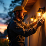 A photograph of a lighting contractor installing solar panel lights in a residential or commercial setting