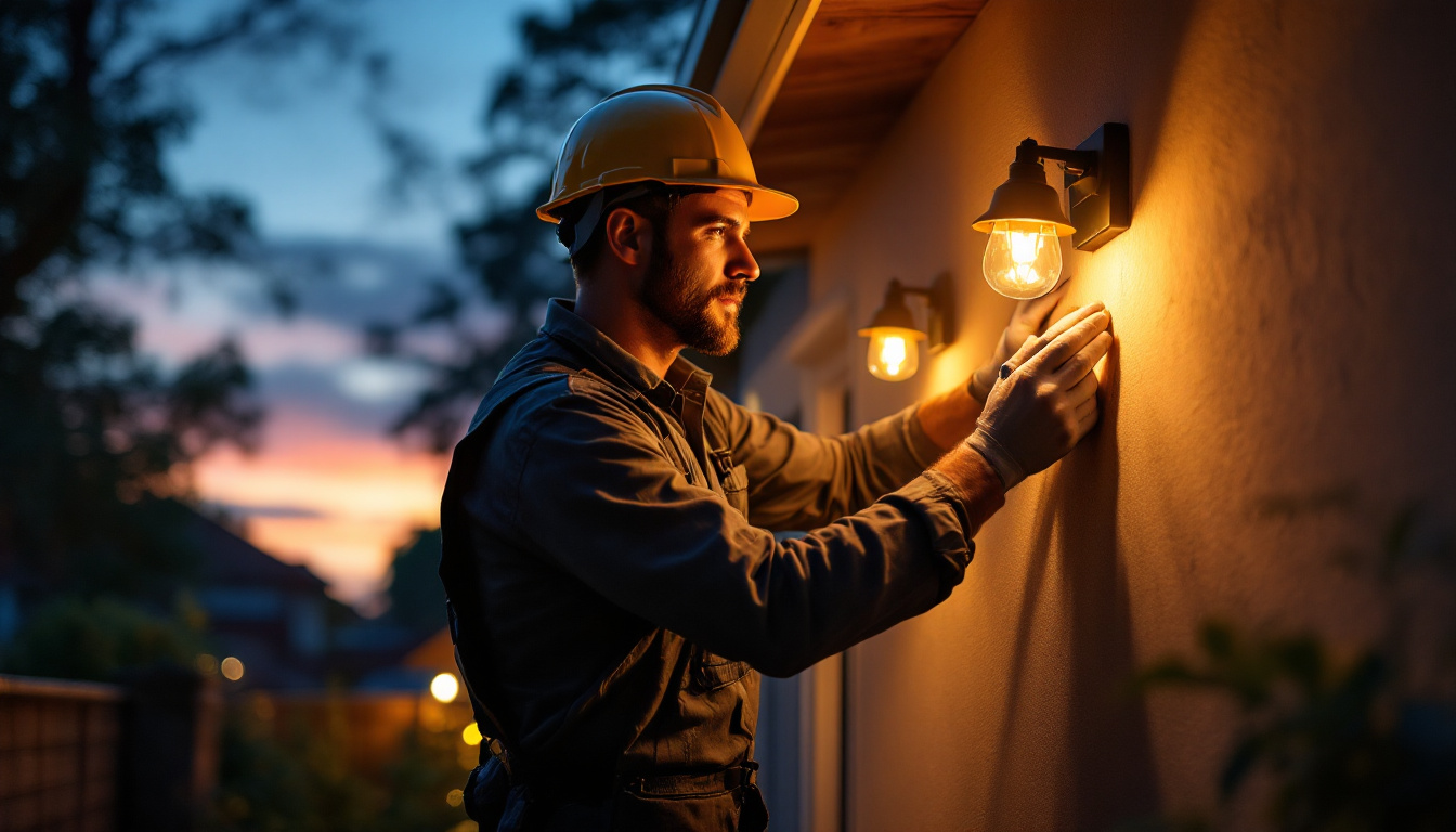 A photograph of a lighting contractor installing solar panel lights in a residential or commercial setting