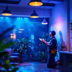 A photograph of a lighting contractor installing or demonstrating the use of uv-c lights in a commercial or residential setting