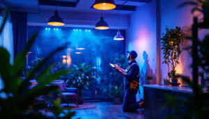 A photograph of a lighting contractor installing or demonstrating the use of uv-c lights in a commercial or residential setting