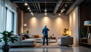 A photograph of a well-lit interior space showcasing recessed led can lights installed in various settings