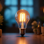 A photograph of a type t light bulb illuminated in a modern setting