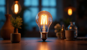 A photograph of a type t light bulb illuminated in a modern setting