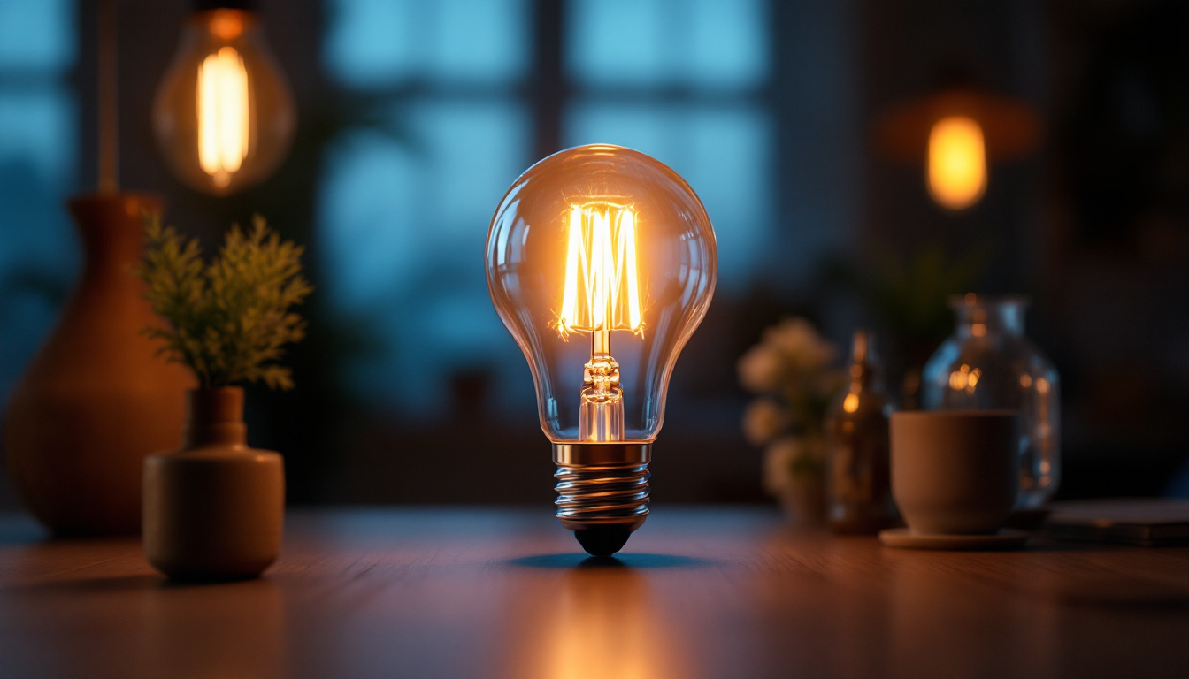 A photograph of a type t light bulb illuminated in a modern setting