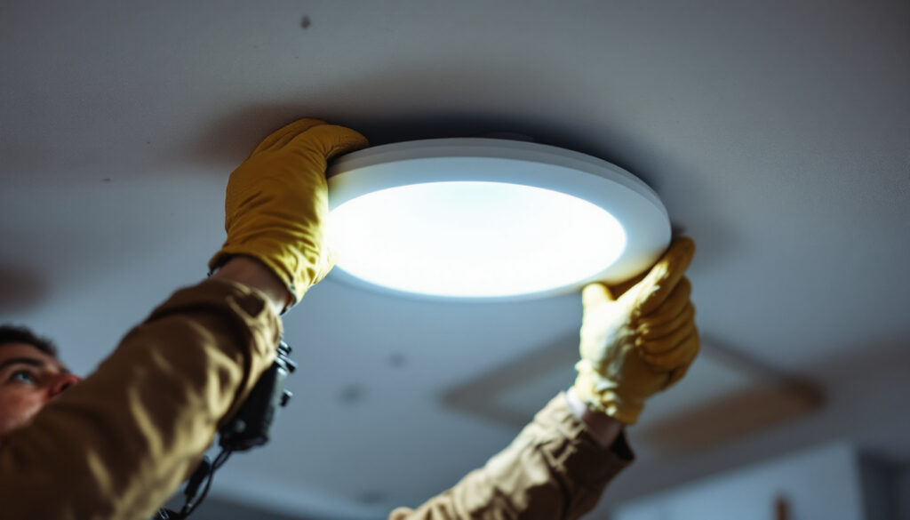 A photograph of a lighting contractor skillfully replacing a recessed led light in a modern home setting