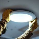 A photograph of a lighting contractor skillfully replacing a recessed led light in a modern home setting
