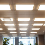 A photograph of a well-lit commercial space showcasing an array of modern troffer lights installed in a ceiling