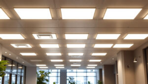 A photograph of a well-lit commercial space showcasing an array of modern troffer lights installed in a ceiling