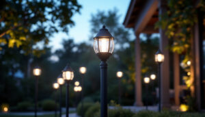 A photograph of a beautifully illuminated outdoor space featuring stylish yard lights mounted on elegant poles