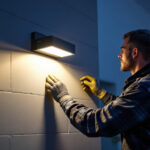 A photograph of a lighting contractor installing a high-quality wall pack light fixture on a commercial building