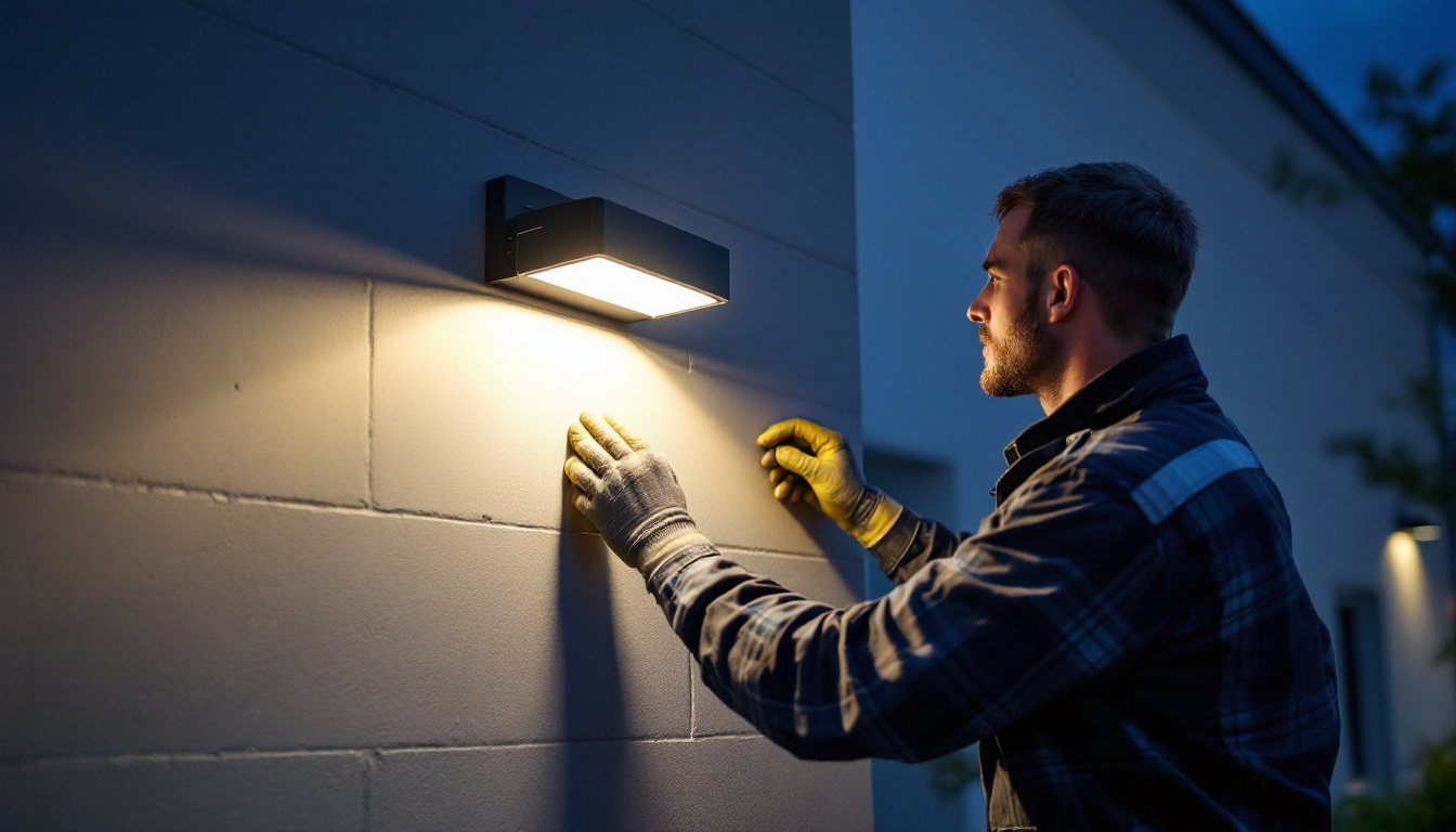 A photograph of a lighting contractor installing a high-quality wall pack light fixture on a commercial building