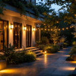 A photograph of a well-lit outdoor space featuring motion sensor lights in action