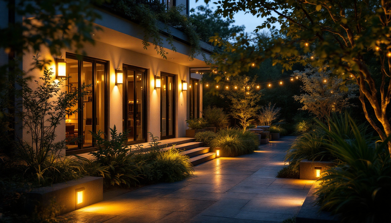 A photograph of a well-lit outdoor space featuring motion sensor lights in action