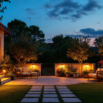 A photograph of a beautifully illuminated outdoor space at dusk