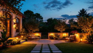 A photograph of a beautifully illuminated outdoor space at dusk