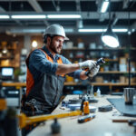 A photograph of a lighting contractor efficiently installing energy-efficient lighting solutions in a modern workspace