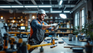 A photograph of a lighting contractor efficiently installing energy-efficient lighting solutions in a modern workspace