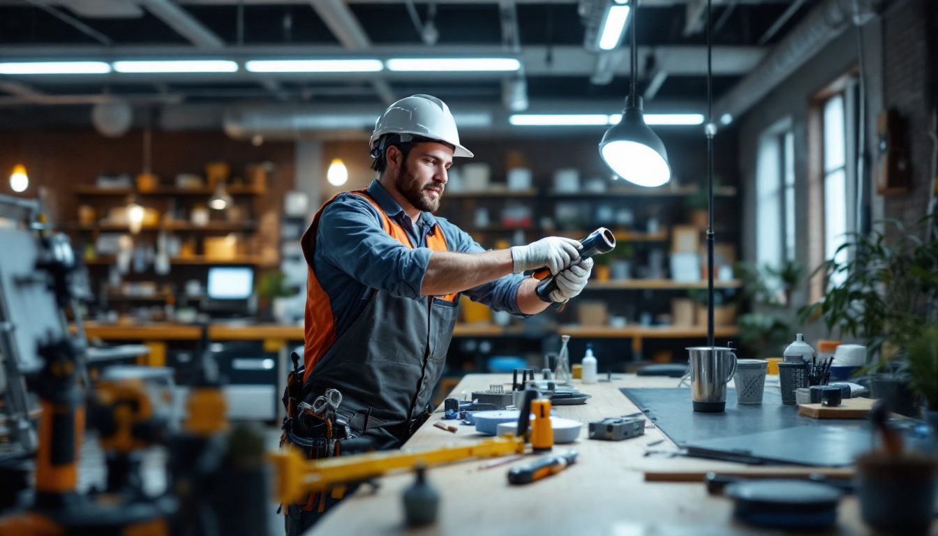 A photograph of a lighting contractor efficiently installing energy-efficient lighting solutions in a modern workspace