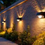 A photograph of a beautifully illuminated exterior wall featuring solar lights in a residential setting
