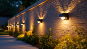 A photograph of a beautifully illuminated exterior wall featuring solar lights in a residential setting