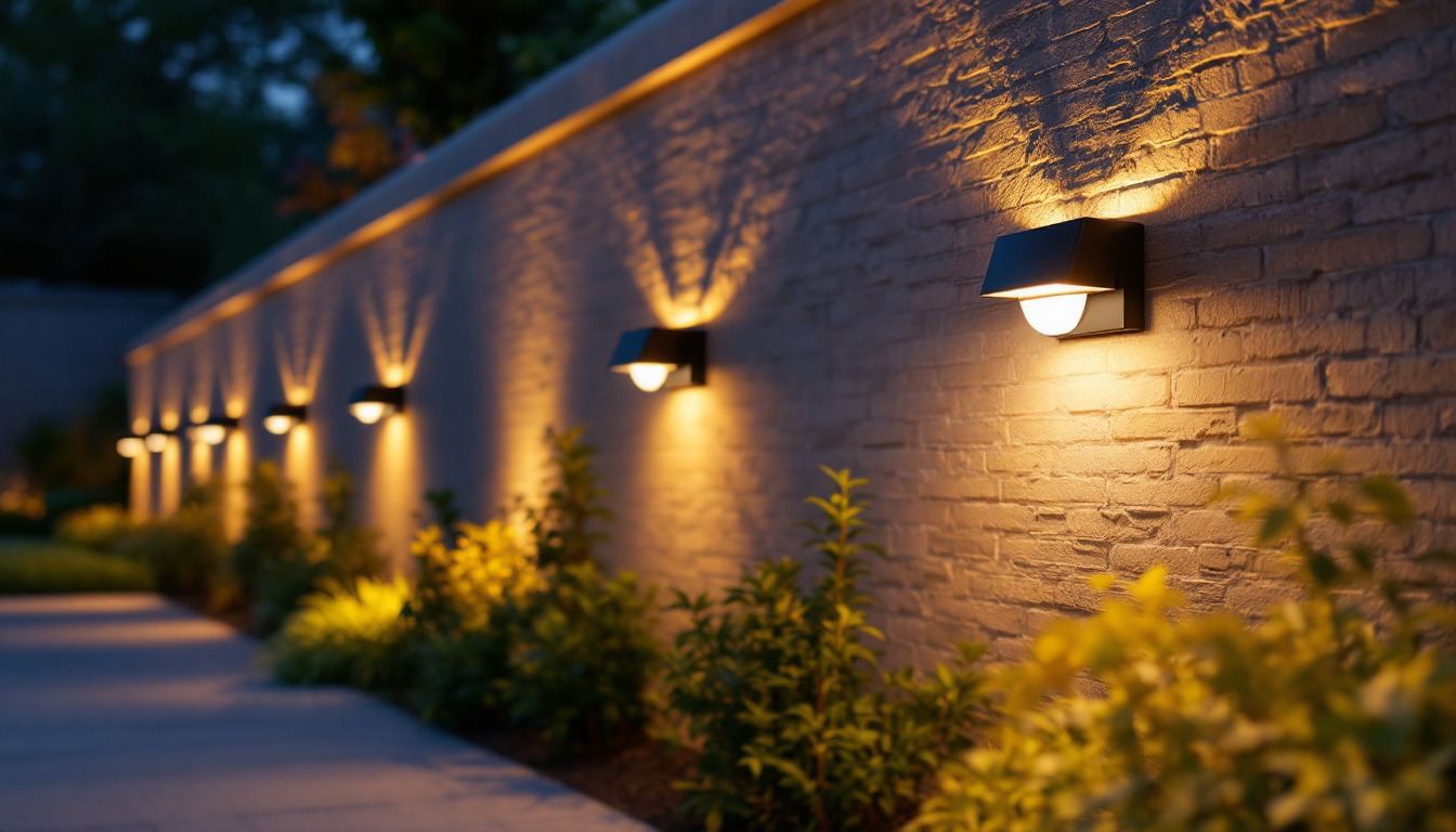 A photograph of a beautifully illuminated exterior wall featuring solar lights in a residential setting