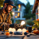 A photograph of a lighting contractor inspecting and installing solar light bulbs in a residential outdoor setting