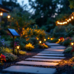 A photograph of a beautifully illuminated outdoor garden scene at dusk
